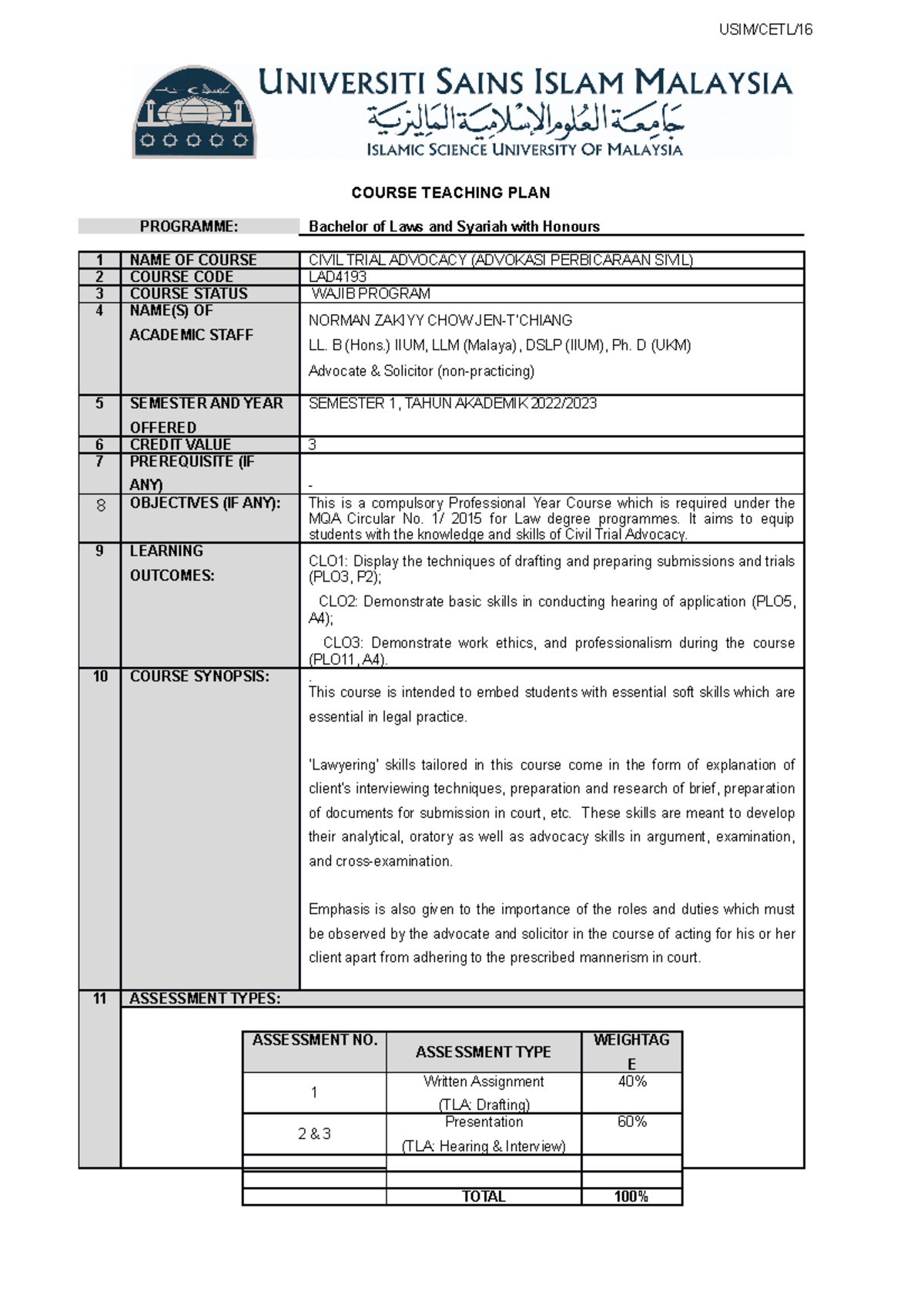 Course Teaching PLAN - COURSE TEACHING PLAN PROGRAMME: Bachelor of Laws ...