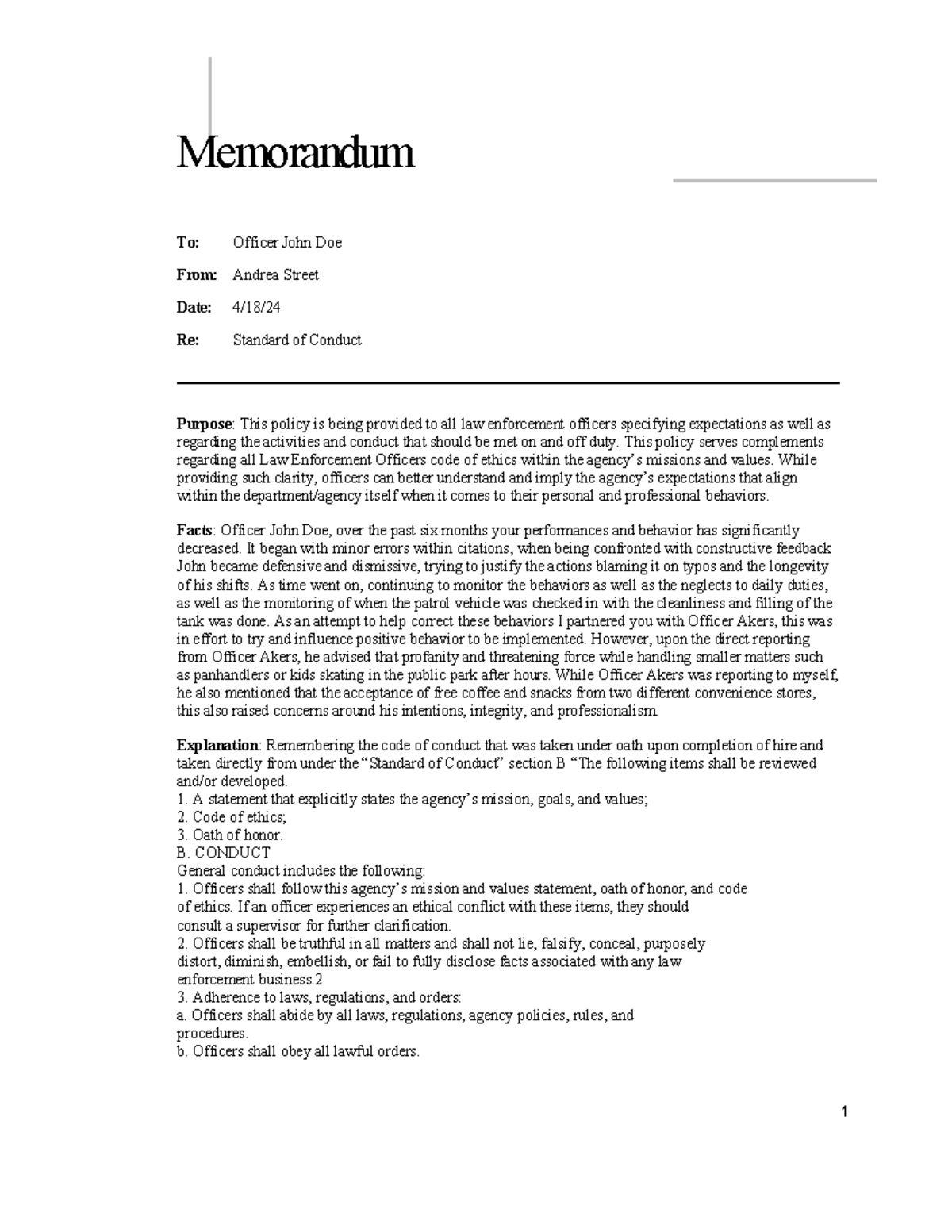 Personal Action Memo Assignment 2024 - Memorandum To: Officer John Doe ...