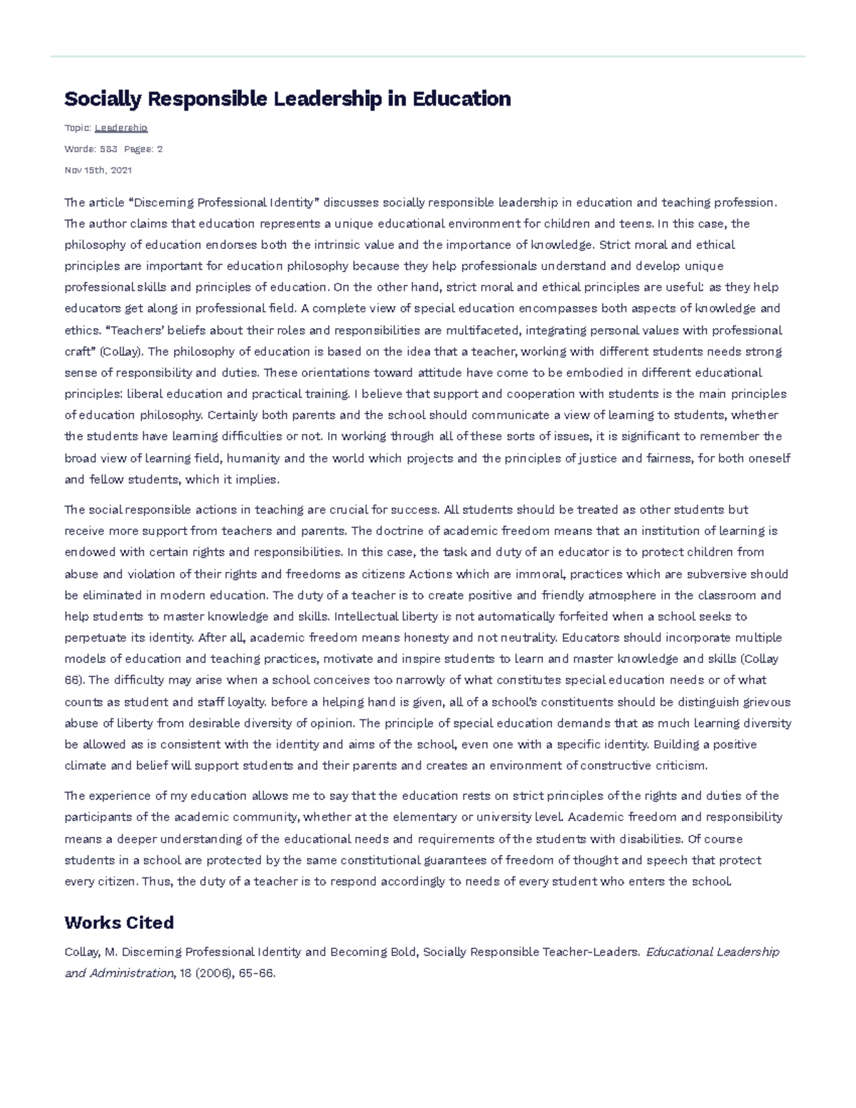 Socially Responsible Leadership in Education Free Essay Example ...