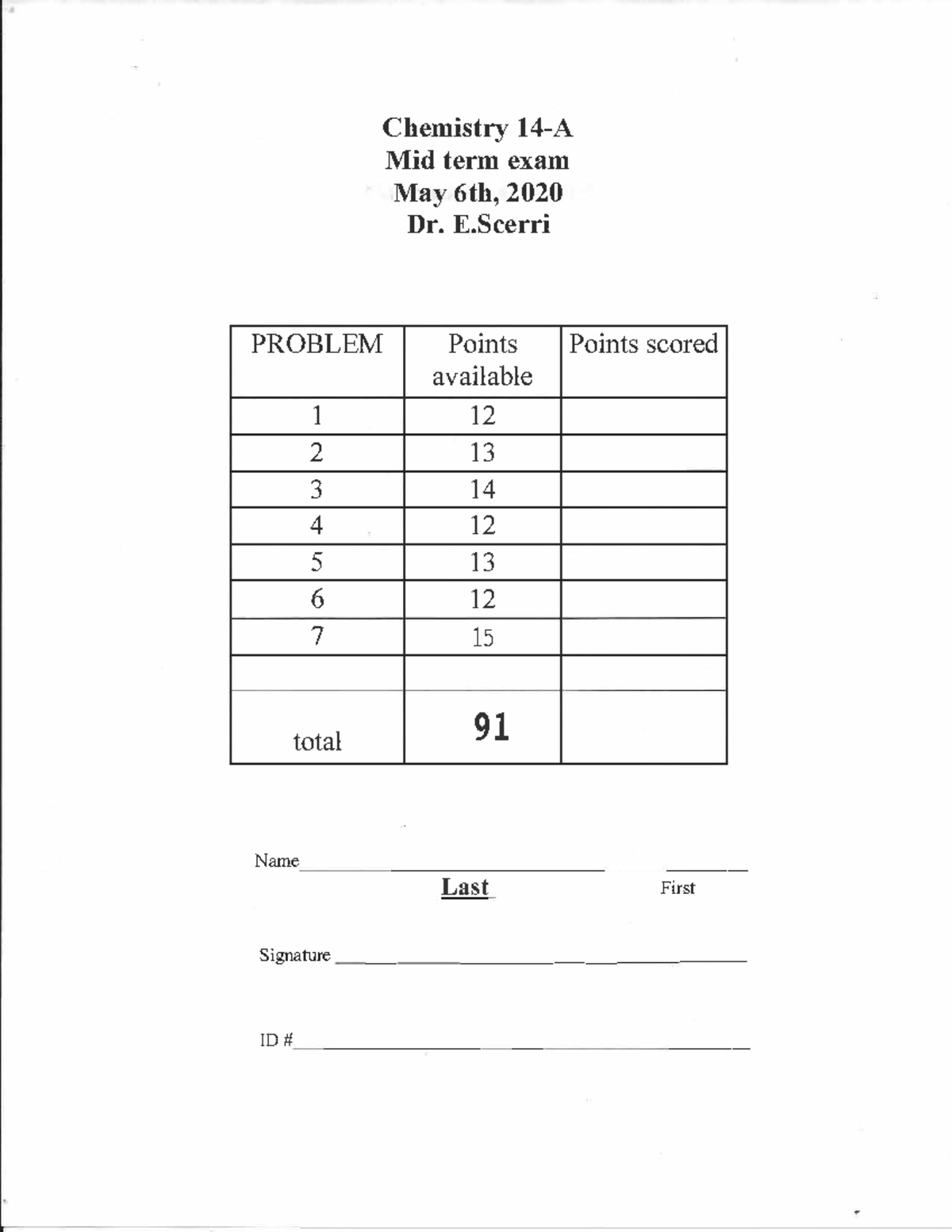 2020 Spring Midterm - Chemistry 14A - Chemistry 14-A Mid Term Exam May ...