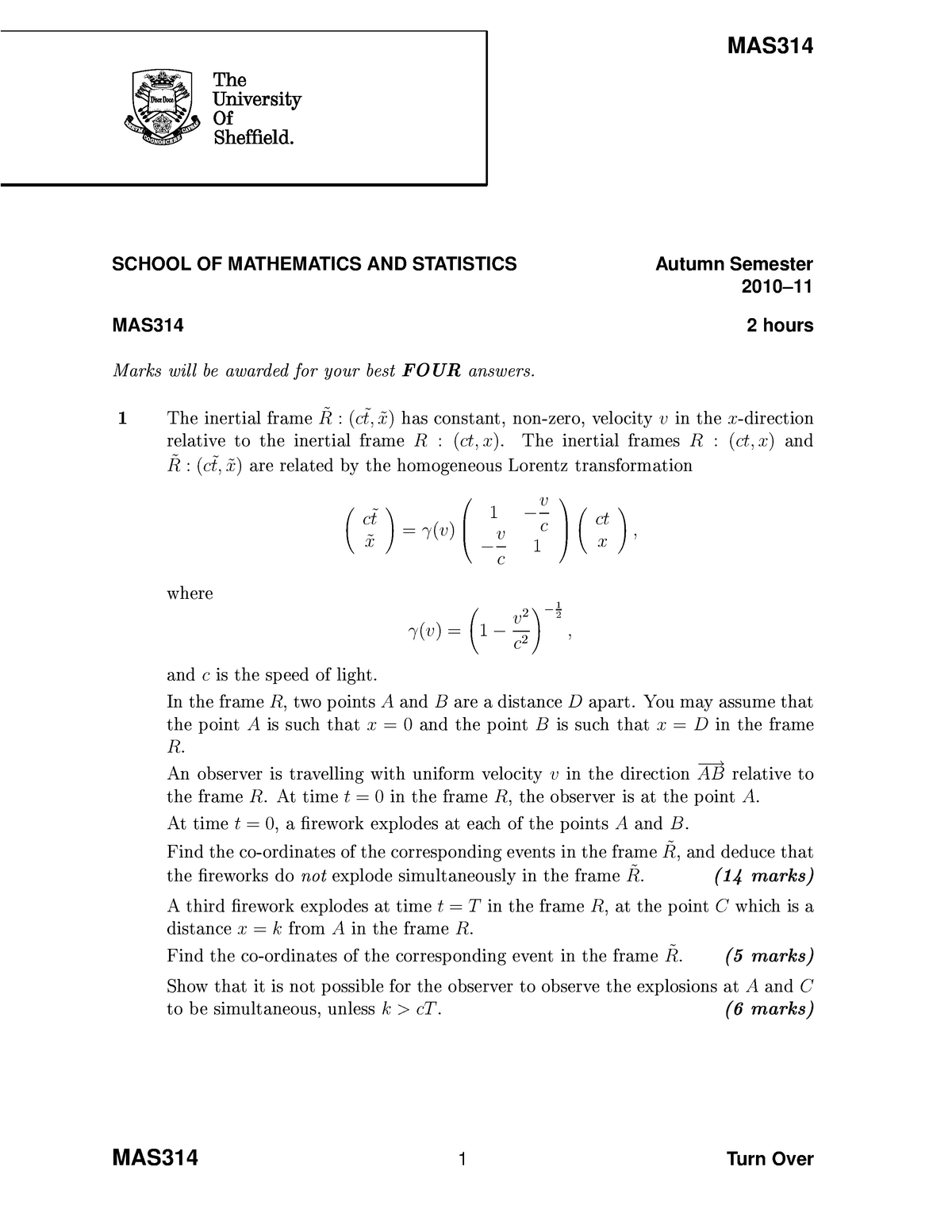 Exam 11 Questions Mas314 Mas314 School Of Mathematics And Statistics Autumn Studocu