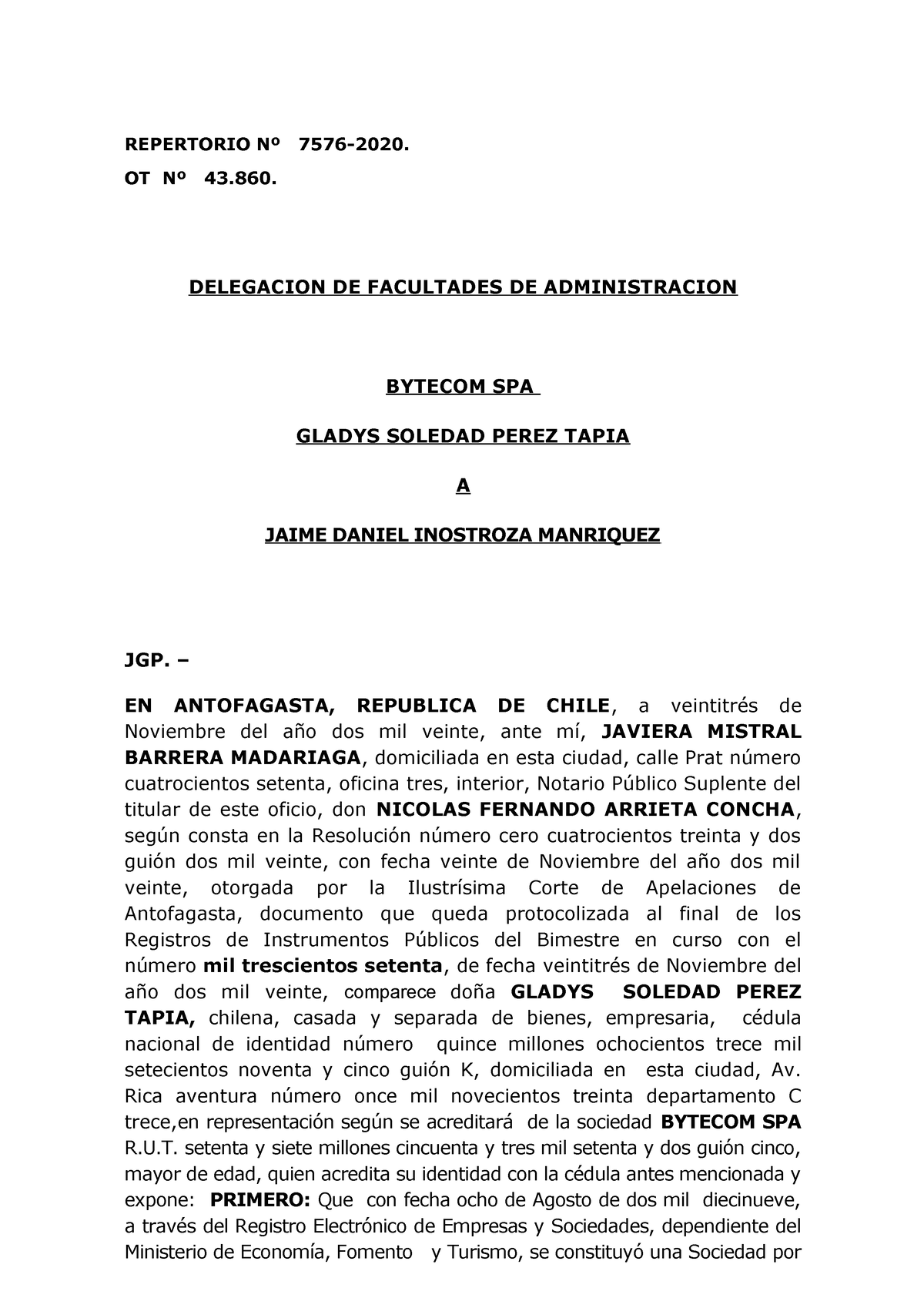 Minuta Mandato Delegacion Facultades Repertorio Nº 7576 2020 Ot Nº 43 Delegacion De 4635