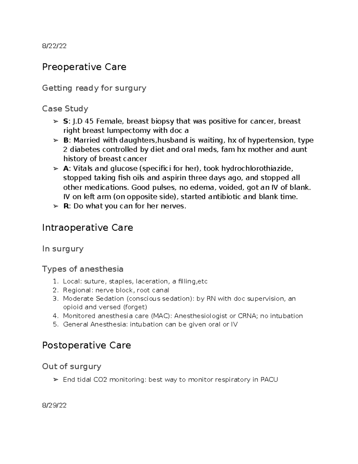 Adult 1 Notes for Exam 1 - 8/22/ Preoperative Care Getting ready for ...