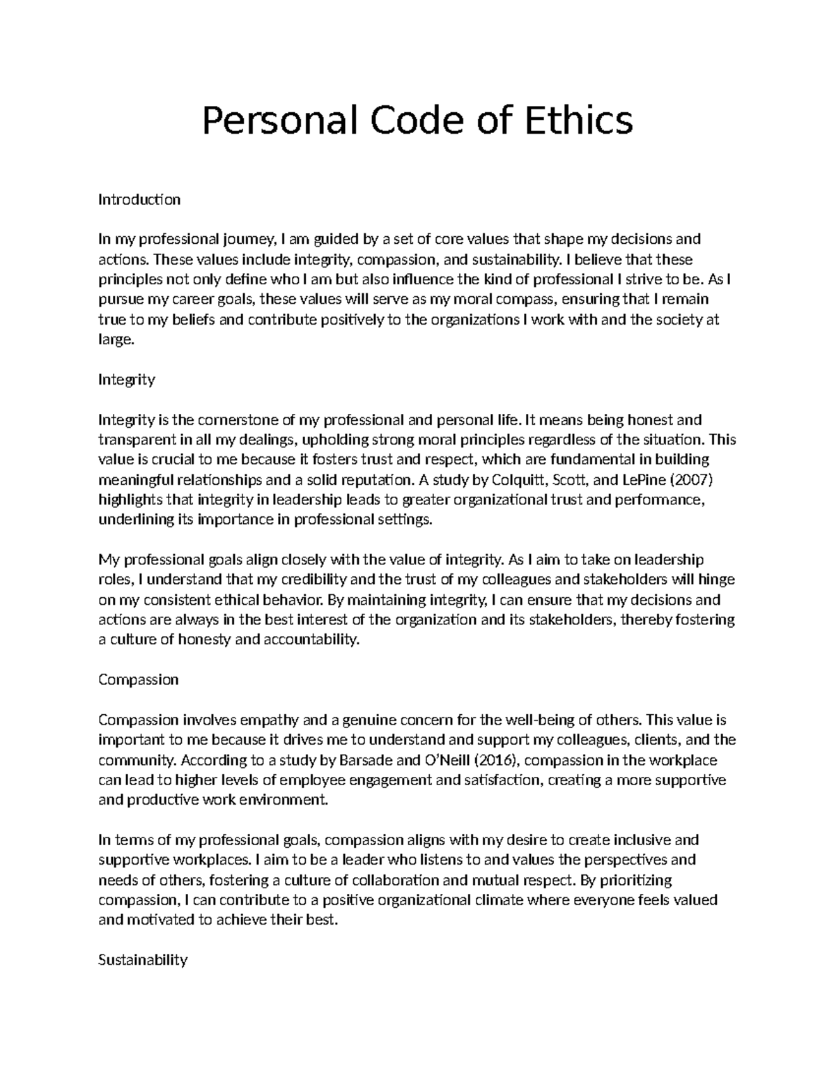 Personal Code of Ethics - Personal Code of Ethics Introduction In my ...