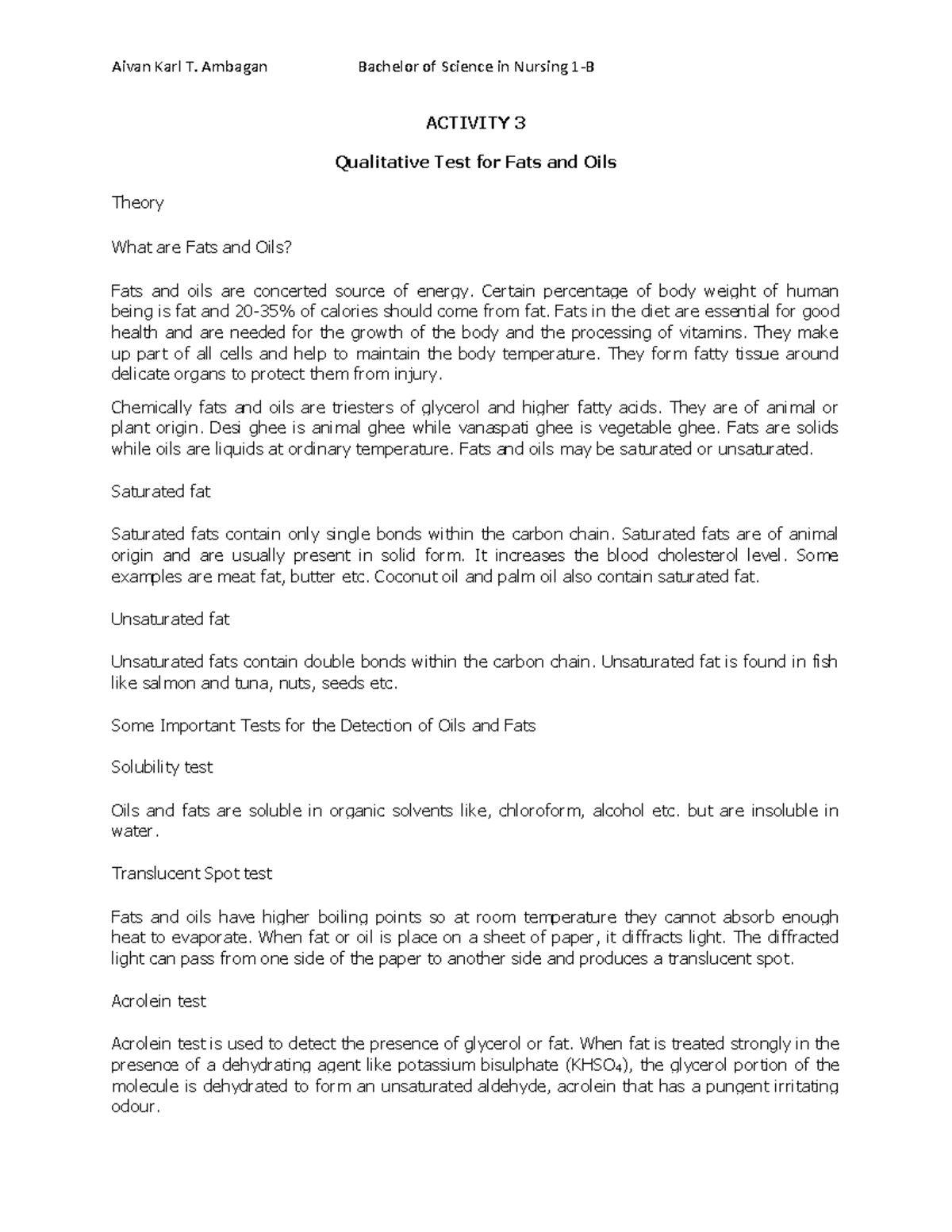 Activity 3 laboratory (Final) ACTIVITY 3 Qualitative Test for Fats