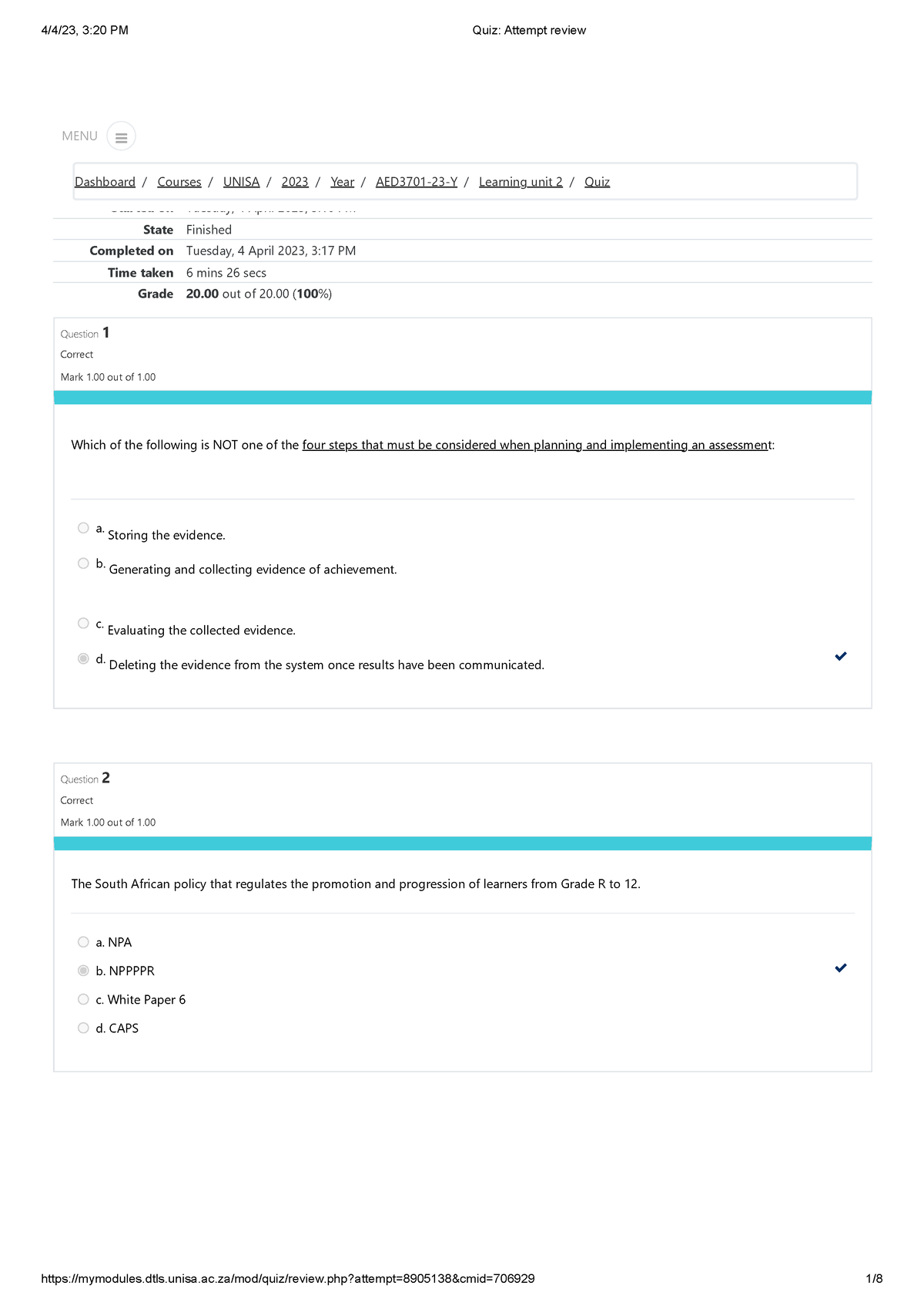 Quiz Attempt review - quiz answers - Started on Tuesday, 4 April 2023 ...