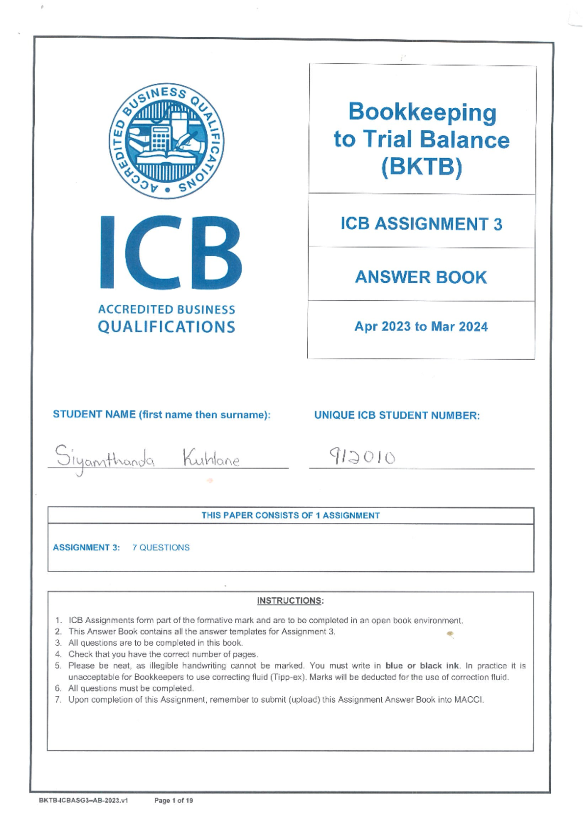 Assignment 3 Course - BUSINESS Bookkeeping to Trial Balance (BKTB) ICB ...
