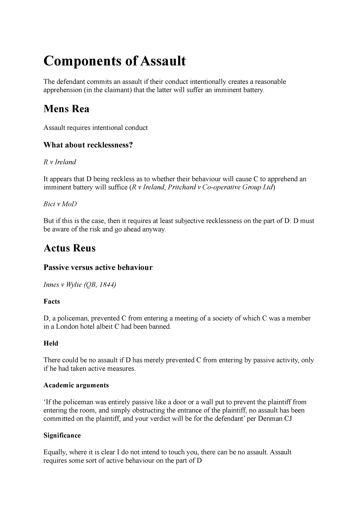 Tort - Assault - Components Of Assault The Defendant Commits An Assault ...