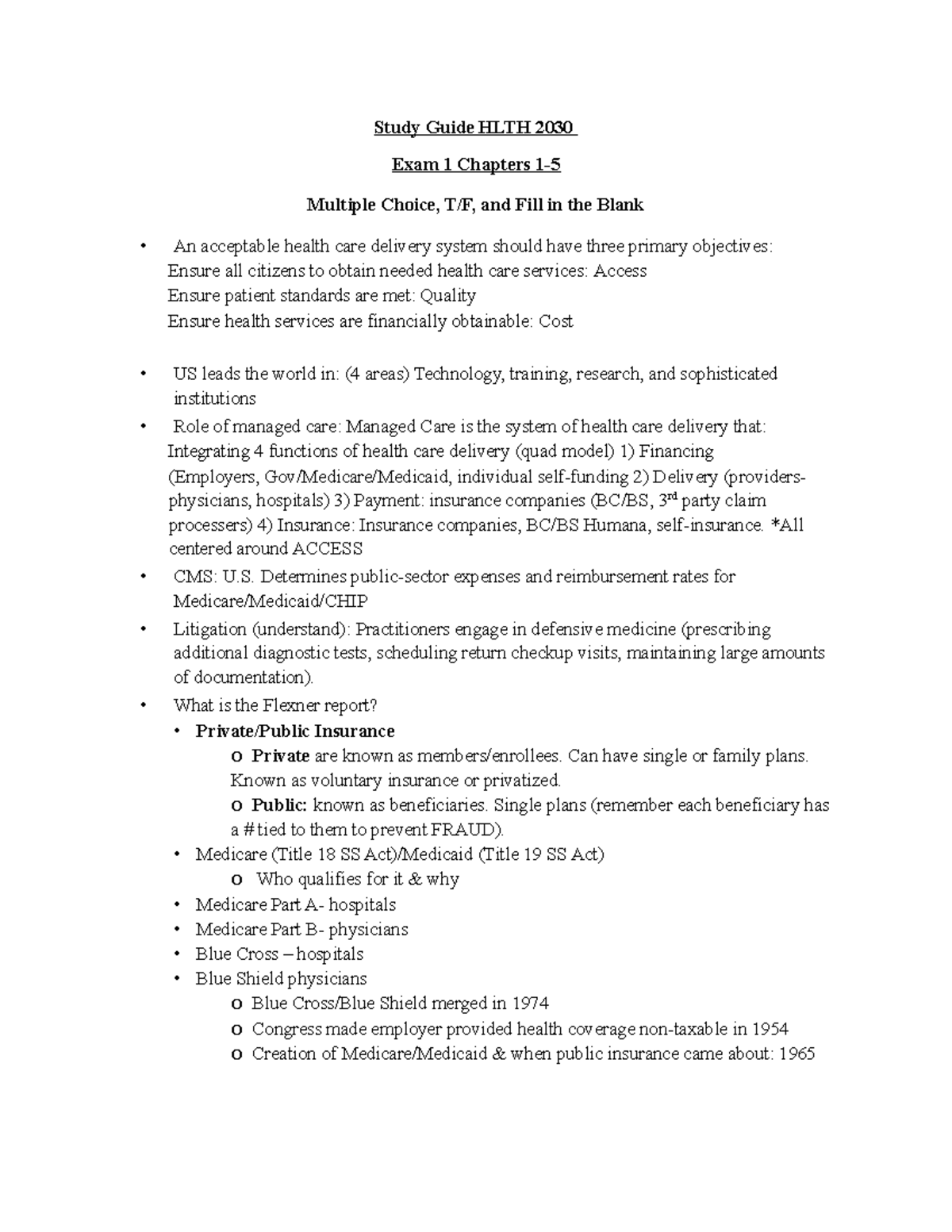 Ch.1-5 Study Guide Fall 2024 - Study Guide HLTH 2030 Exam 1 Chapters 1 ...