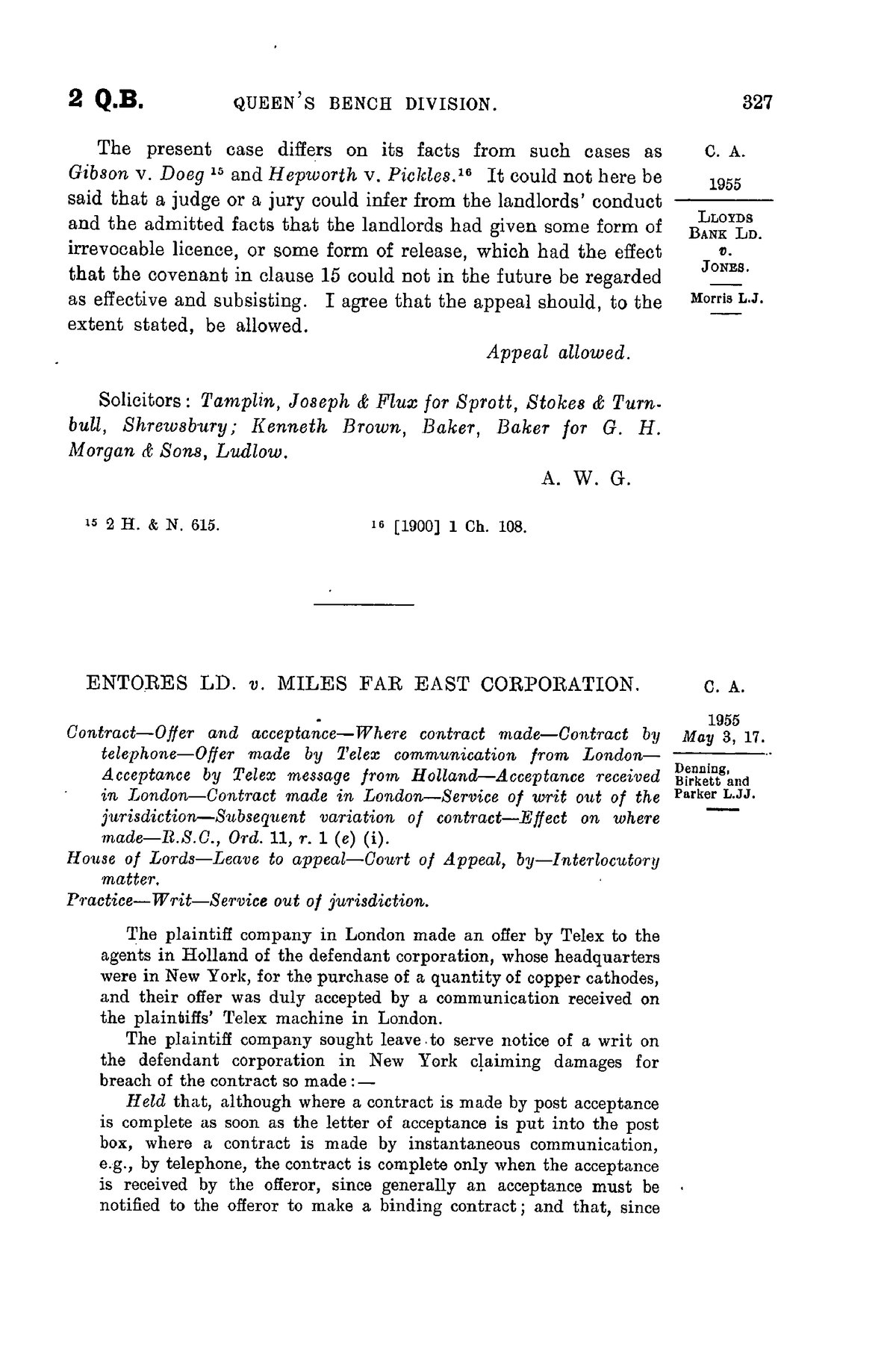 Entores LD. v. Miles FAR EAST Corporation. [1955] 2 Q.B. 327 - Law of ...