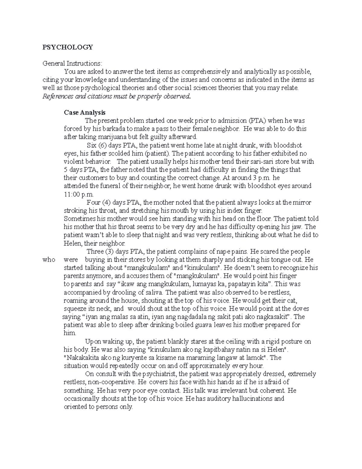 Case Analysis for the Final Period - PSYCHOLOGY General Instructions ...