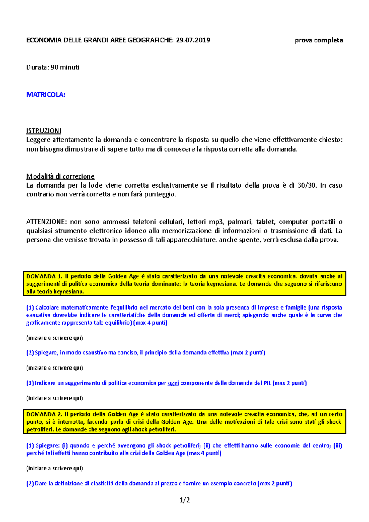 Esame, domande - Economia delle grandi aree geografiche (3 moduli