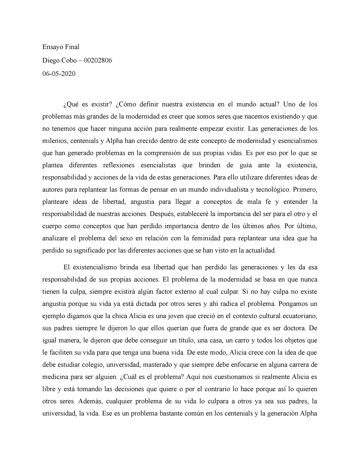 Ensayo final existencialismo - Ensayo Final Diego Cobo – 00202806 06-05 ...