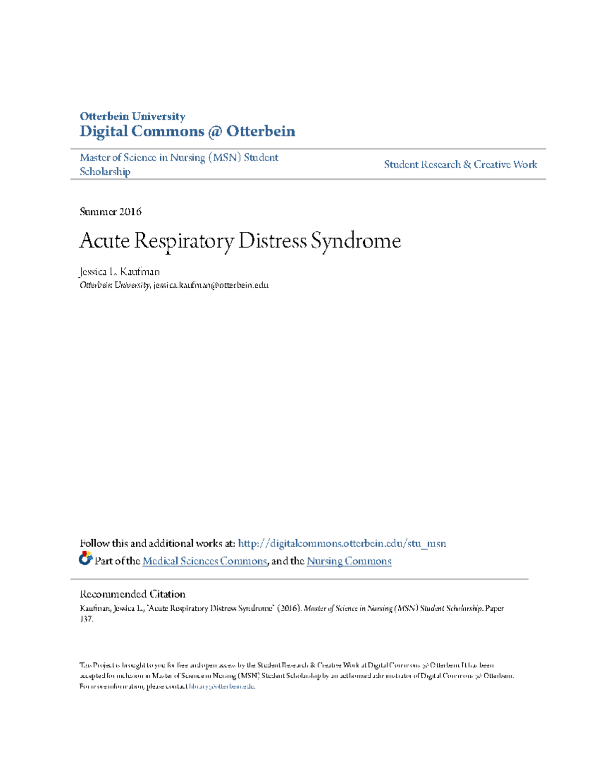 Acute Respiratory Distress Syndrome Otterbein University Digital