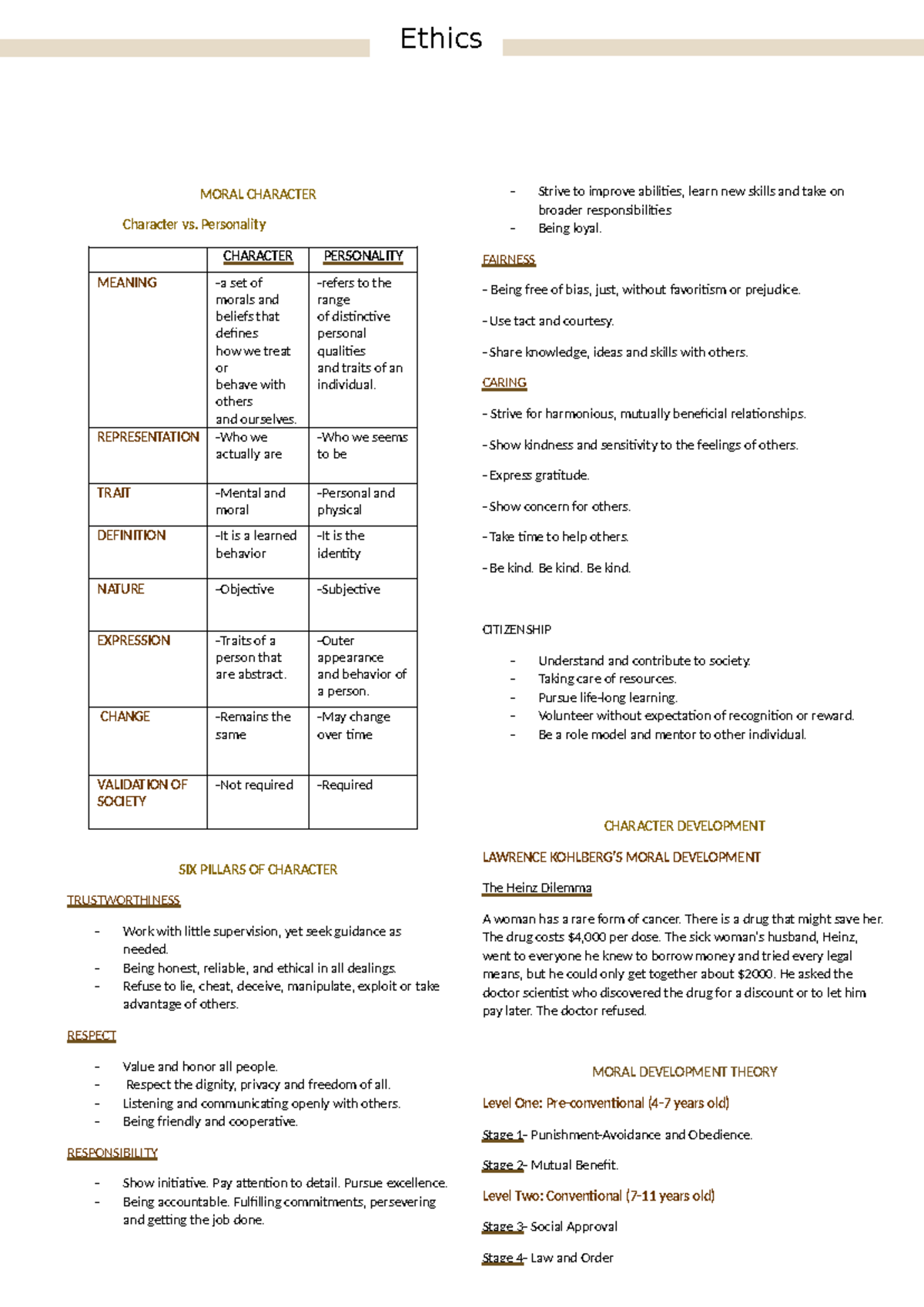 Ethics-4-5 - Ethics MORAL CHARACTER Character vs. Personality CHARACTER ...