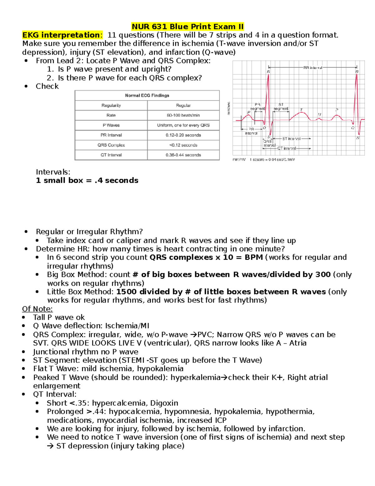 Blue Print Exam II-1 - Cardiac - NUR 631 Blue Print Exam II EKG ...