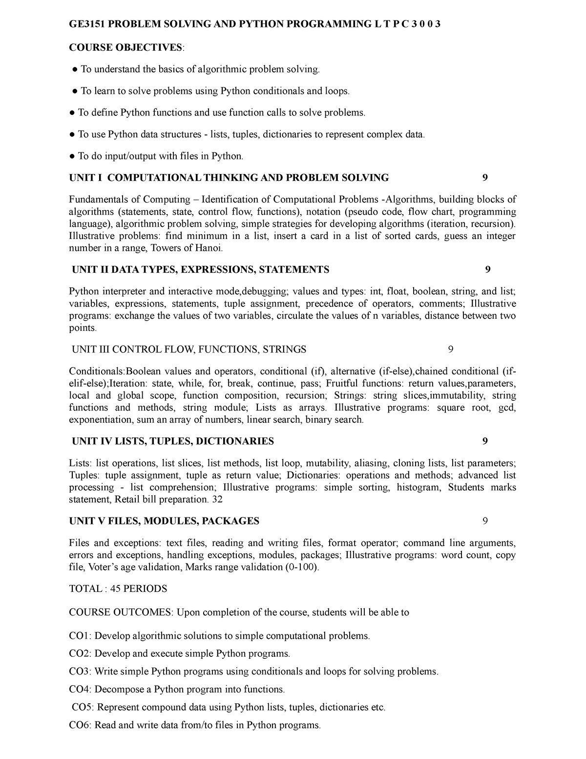 GE3151 Problem Solving AND Python Programming - GE3151 PROBLEM SOLVING ...