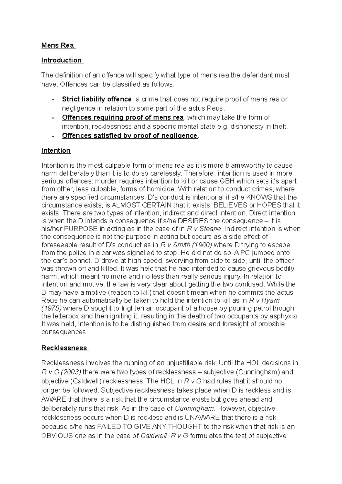 Mens Rea Summary Of Mens Rea Mens Rea Introduction The Definition