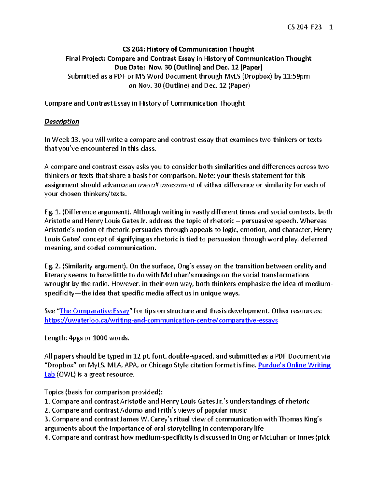 CS204 F23 Final Project Comparative Essay in Communication Thought - CS ...
