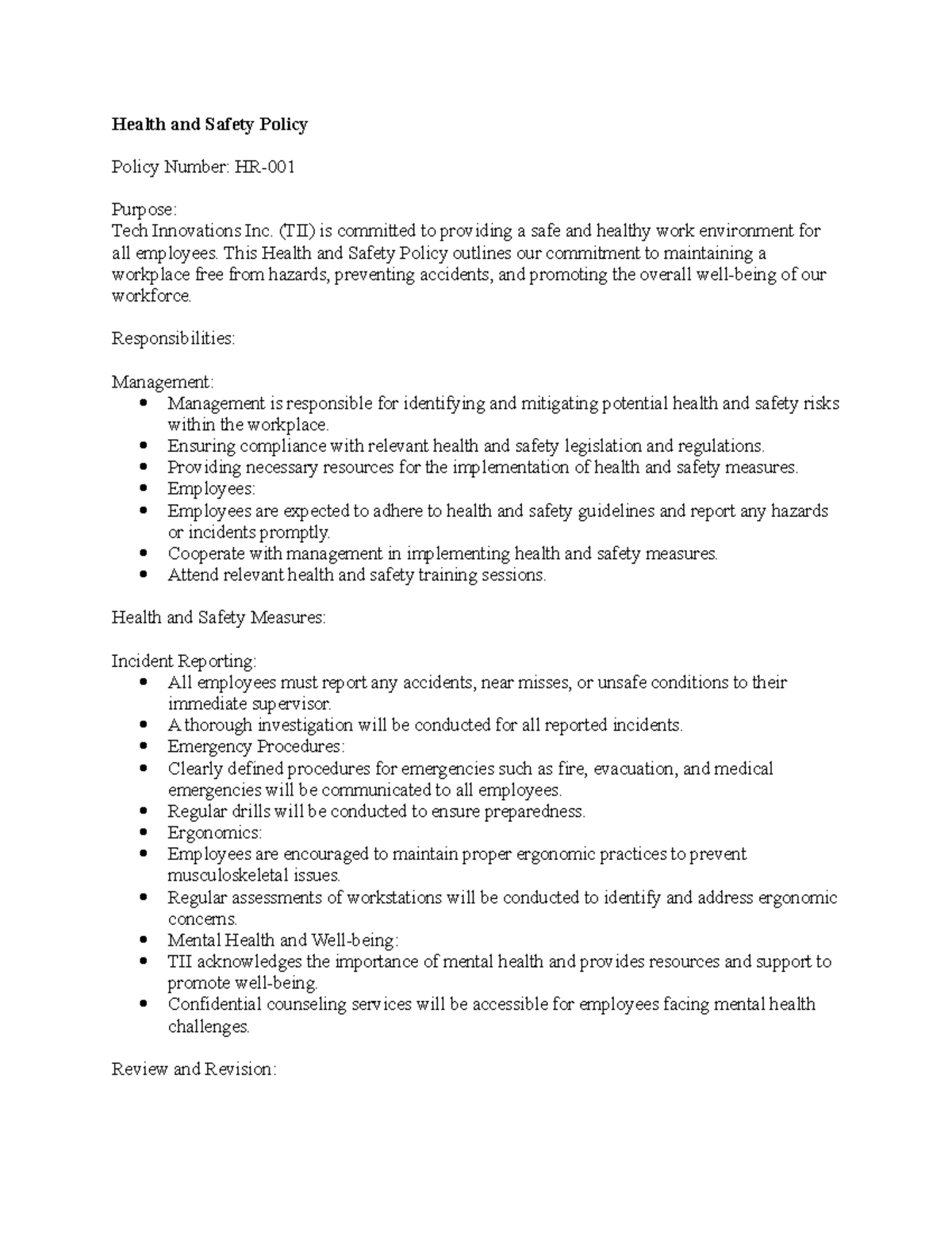 Health and Safety & Remote Work Policy Health and Safety Policy