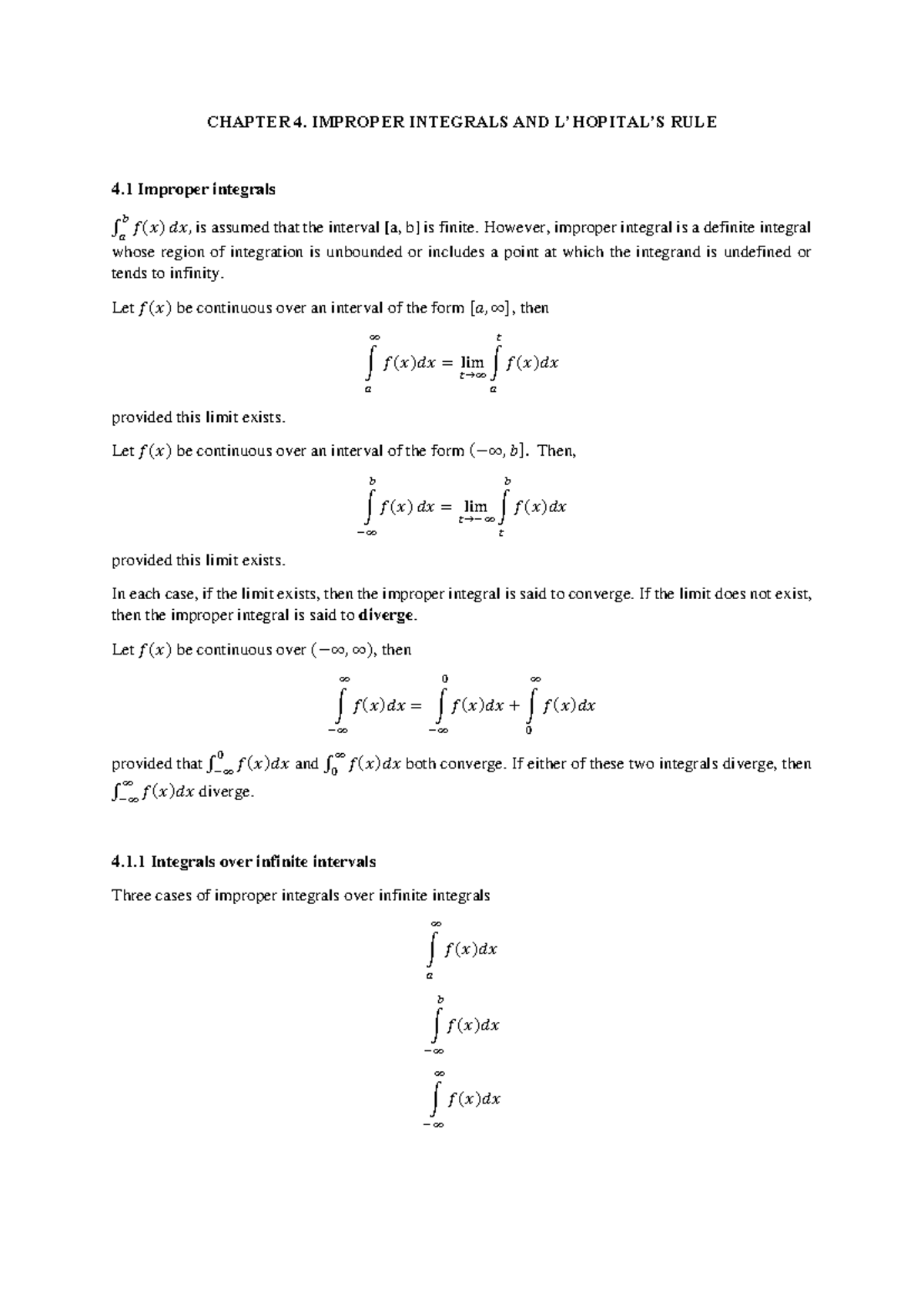 Improper integral - CHAPTER 4. IMPROPER INTEGRALS AND L’HOPITAL’S RULE ...