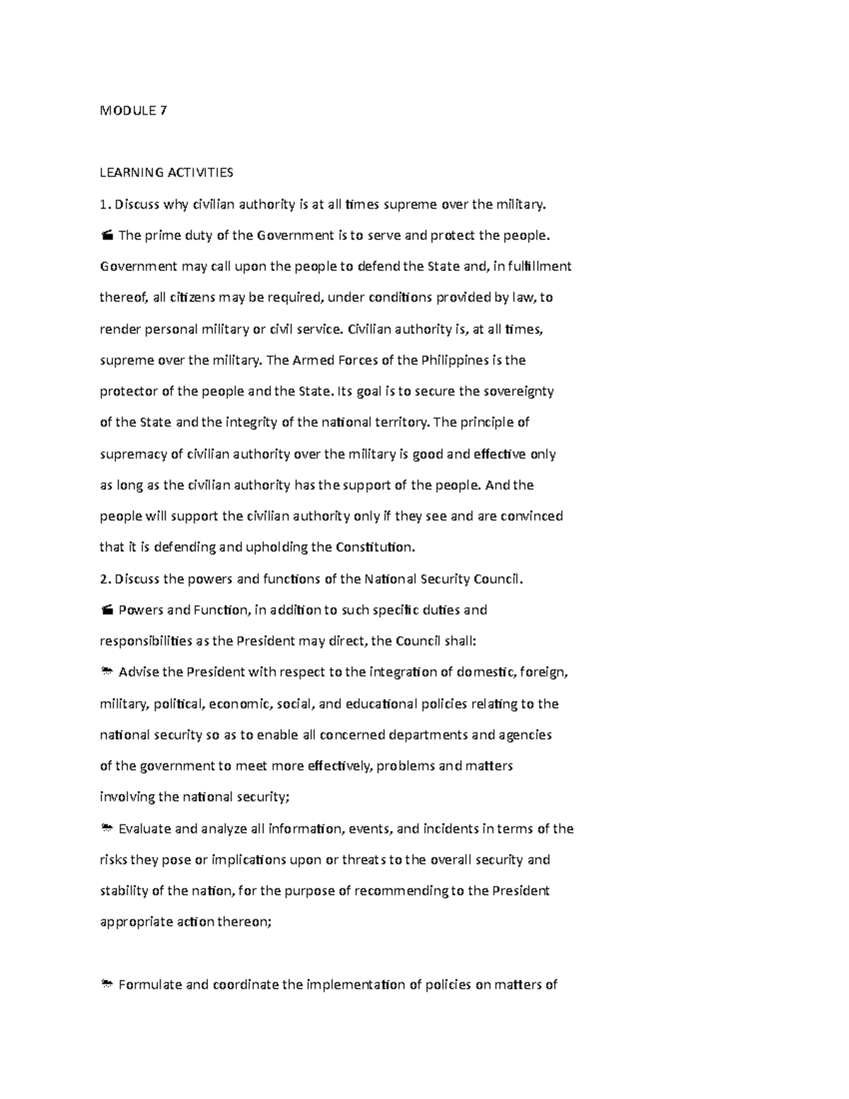 Module 7 - MODULE 7 LEARNING ACTIVITIES Discuss why civilian authority ...