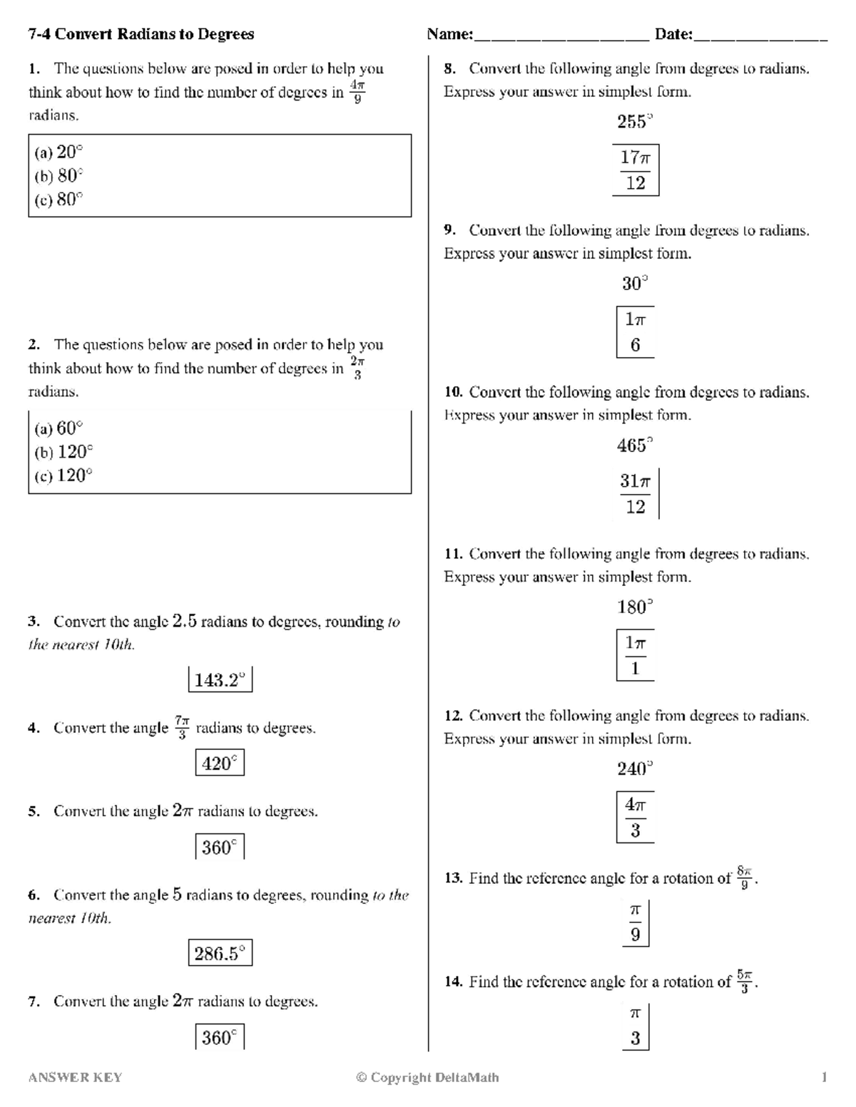 DM 7-4 Convert Radians to Degrees - KEY - 7-4 Convert Radians to ...
