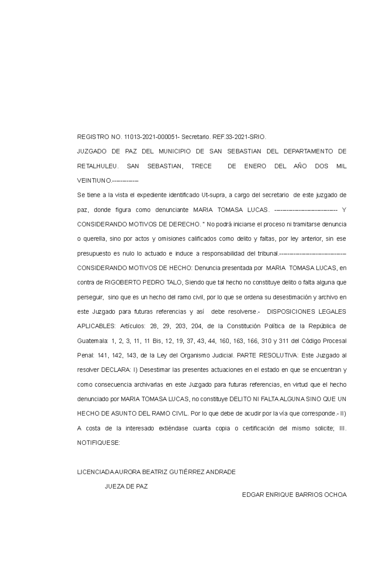 Resolucion Desestimar Asunto civil - REGISTRO NO. 11013-2021-000051 ...