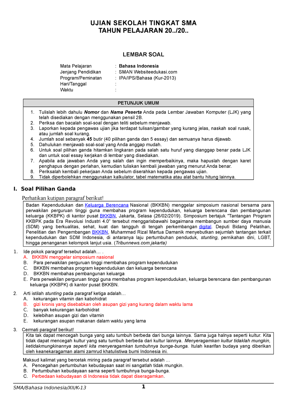 Soal US B.Indo Utama SMA Buat Aku - UJIAN SEKOLAH TINGKAT SMA TAHUN ...