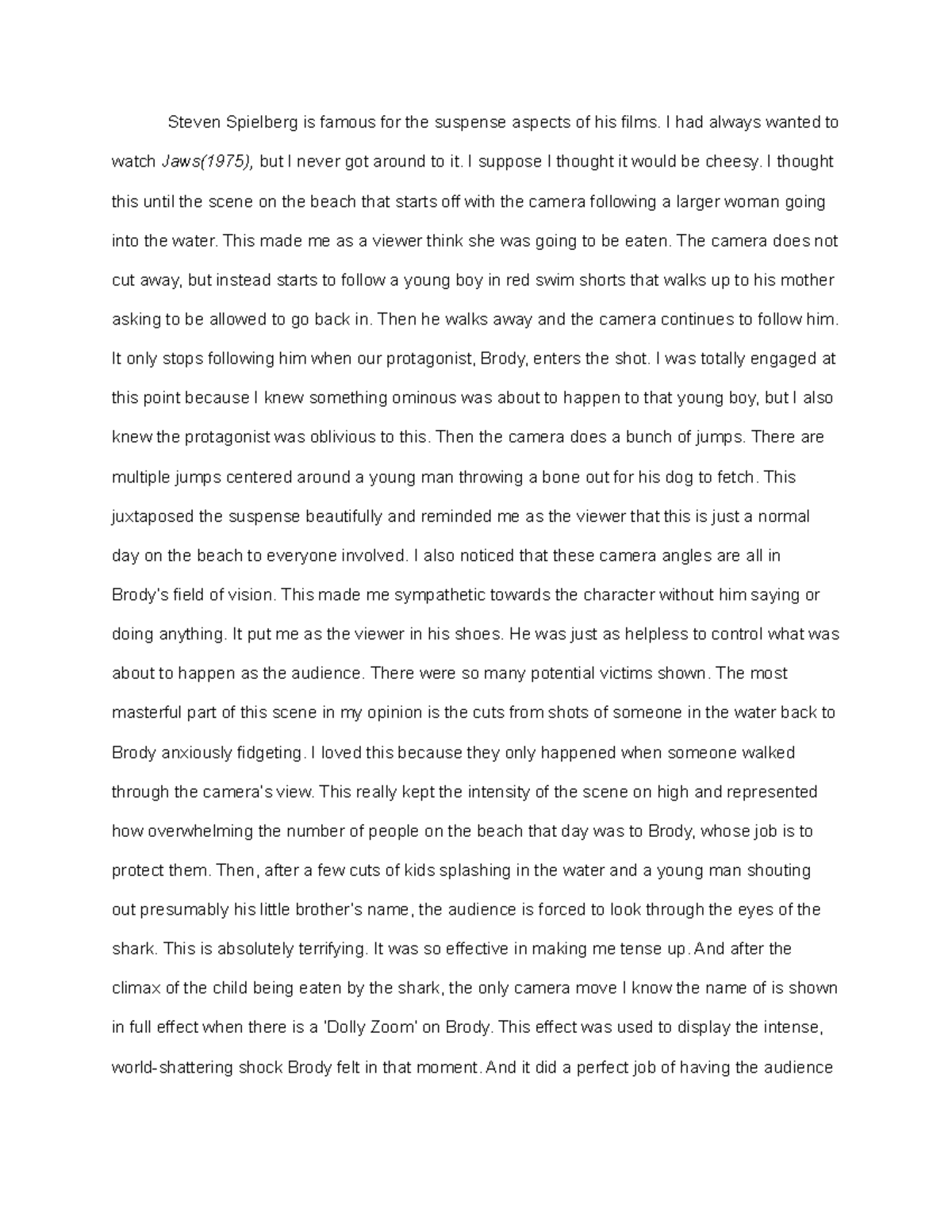 Jaws response explantation Spielberg dolly zoom Steven Spielberg is