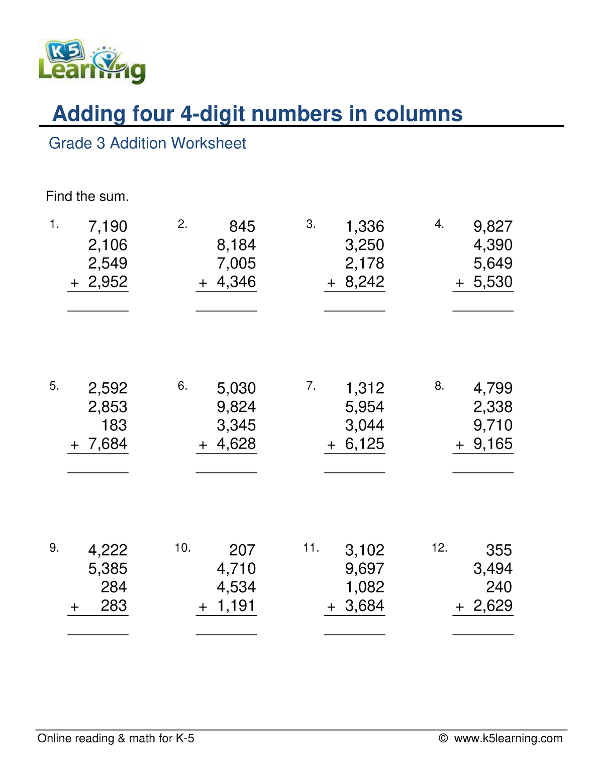 Grade 3 add 4 4 digit numbers in columns c - Online reading & math for ...