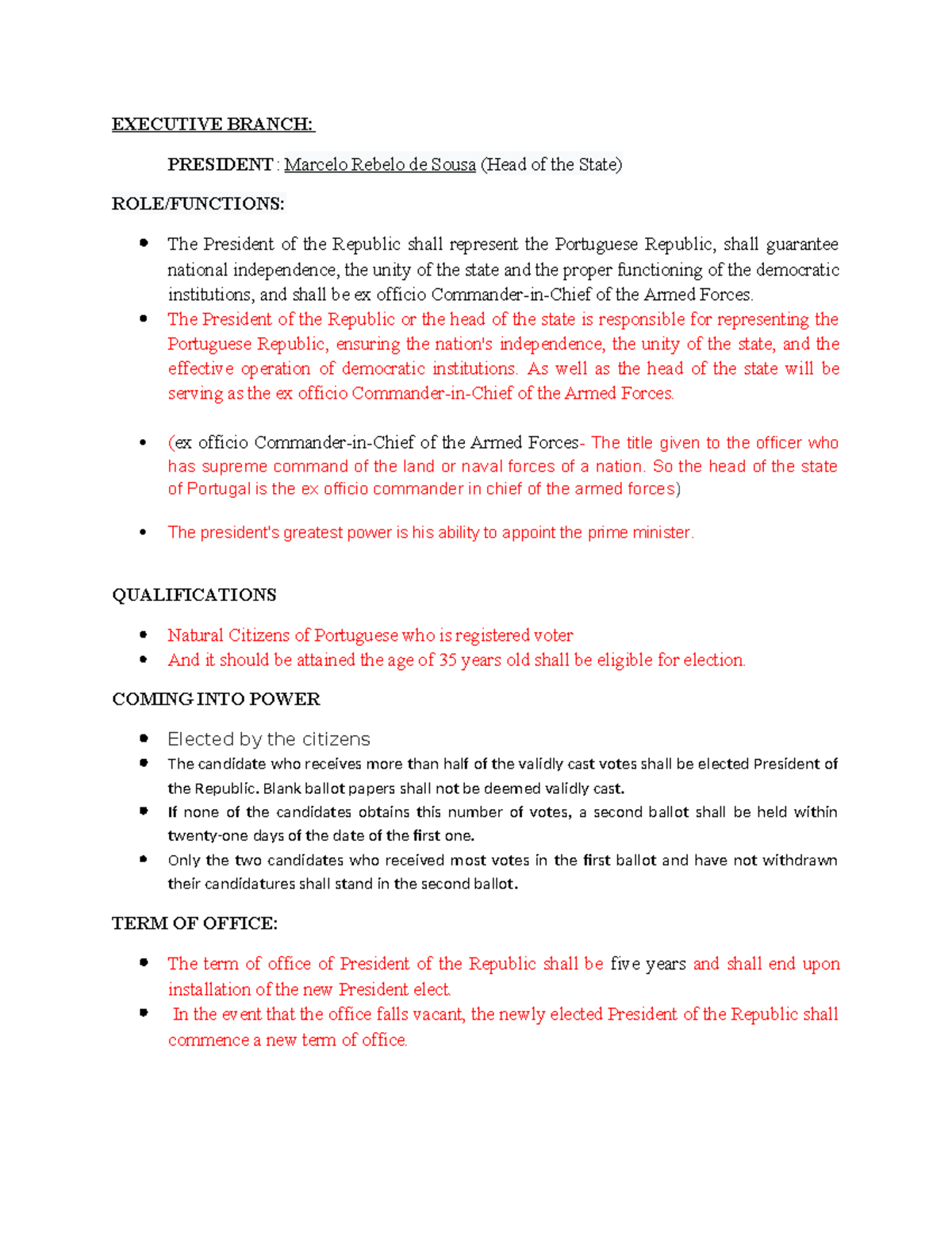 Executive Branch (report) - EXECUTIVE BRANCH: PRESIDENT: Marcelo Rebelo ...