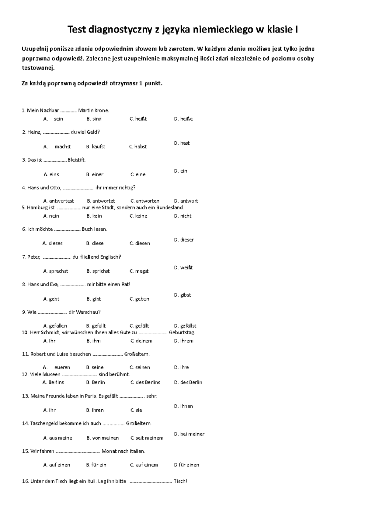 ćwiczenia Do Niemieckiego Klasa 1 Technikum www.studocu.com