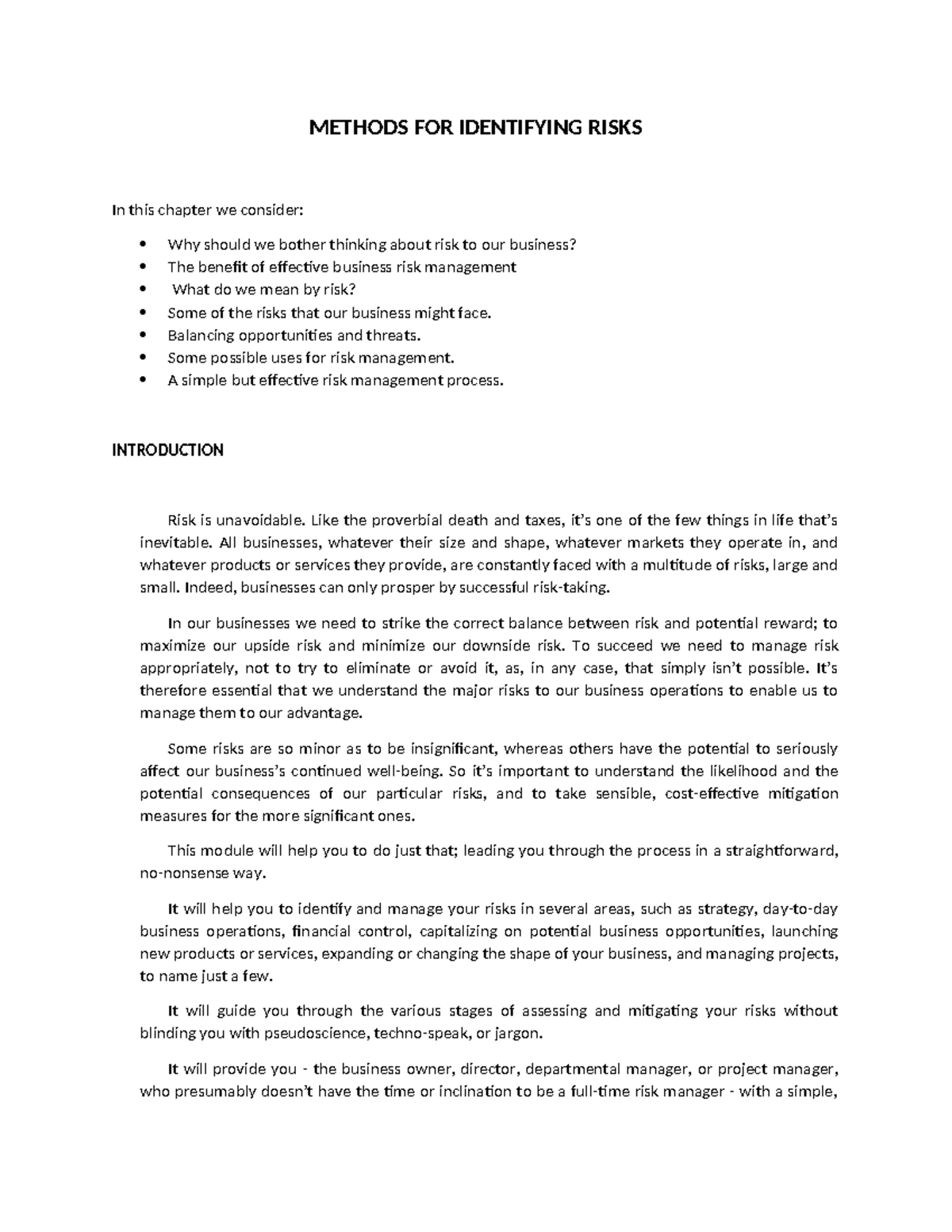 Methods FOR Identifying Risks - METHODS FOR IDENTIFYING RISKS In this ...
