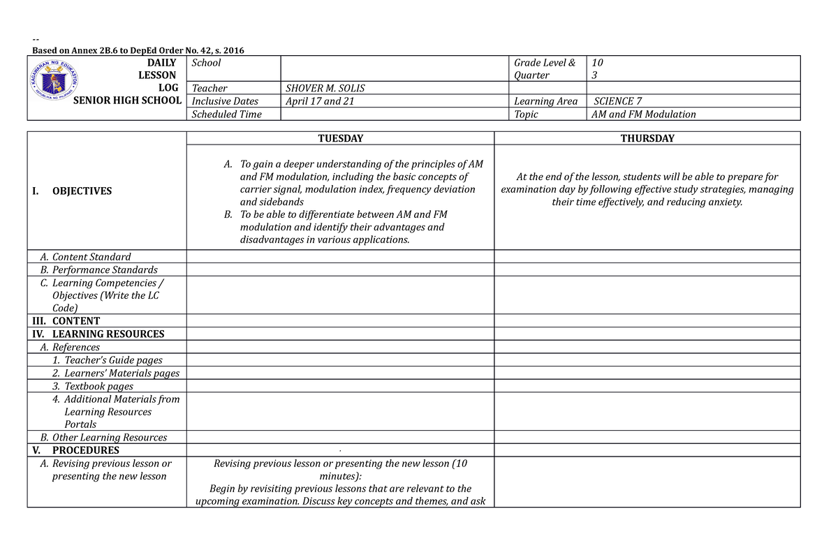 Grade 9 Daily Lesson LOG DLL Template 4A's April 17-21-23 - Based on ...