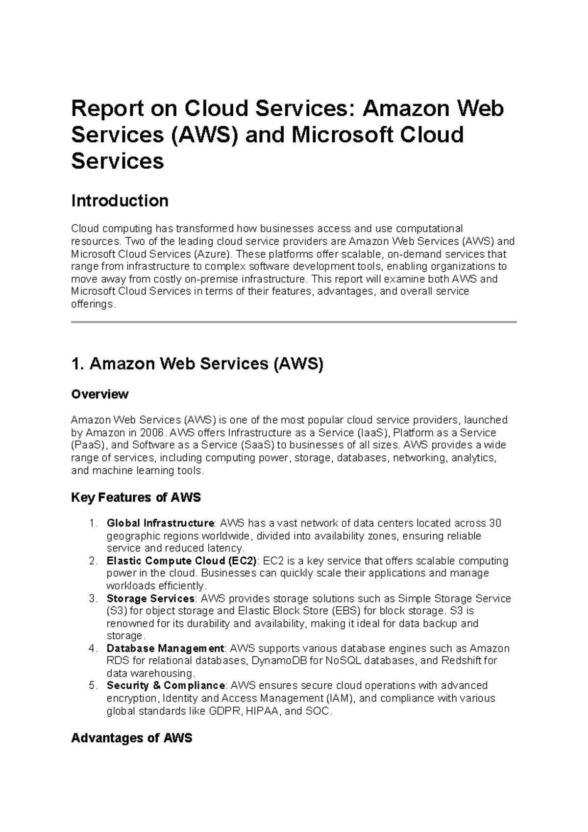 Cc - cc notes - Report on Cloud Services: Amazon Web Services (AWS) and ...