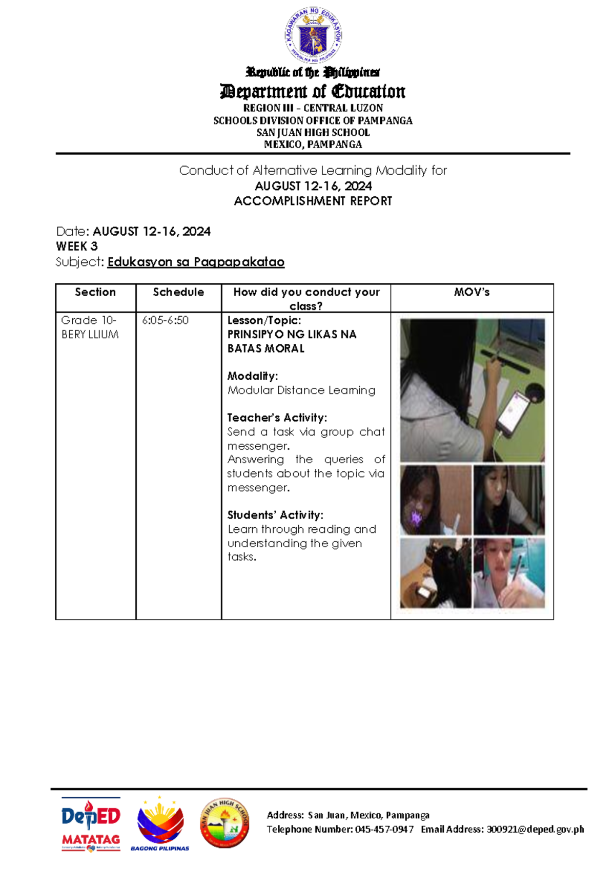 ESP WEEK3 - ACCOMPLISHMENT REPORT - Republic of the Philippines ...