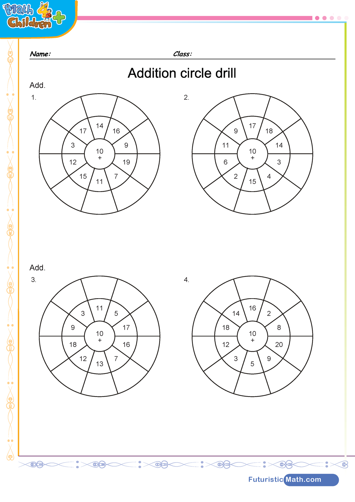 Addition-circle-drill-worksheet 2 - Futuristic Math Add. 1. 10 + 17 14 ...