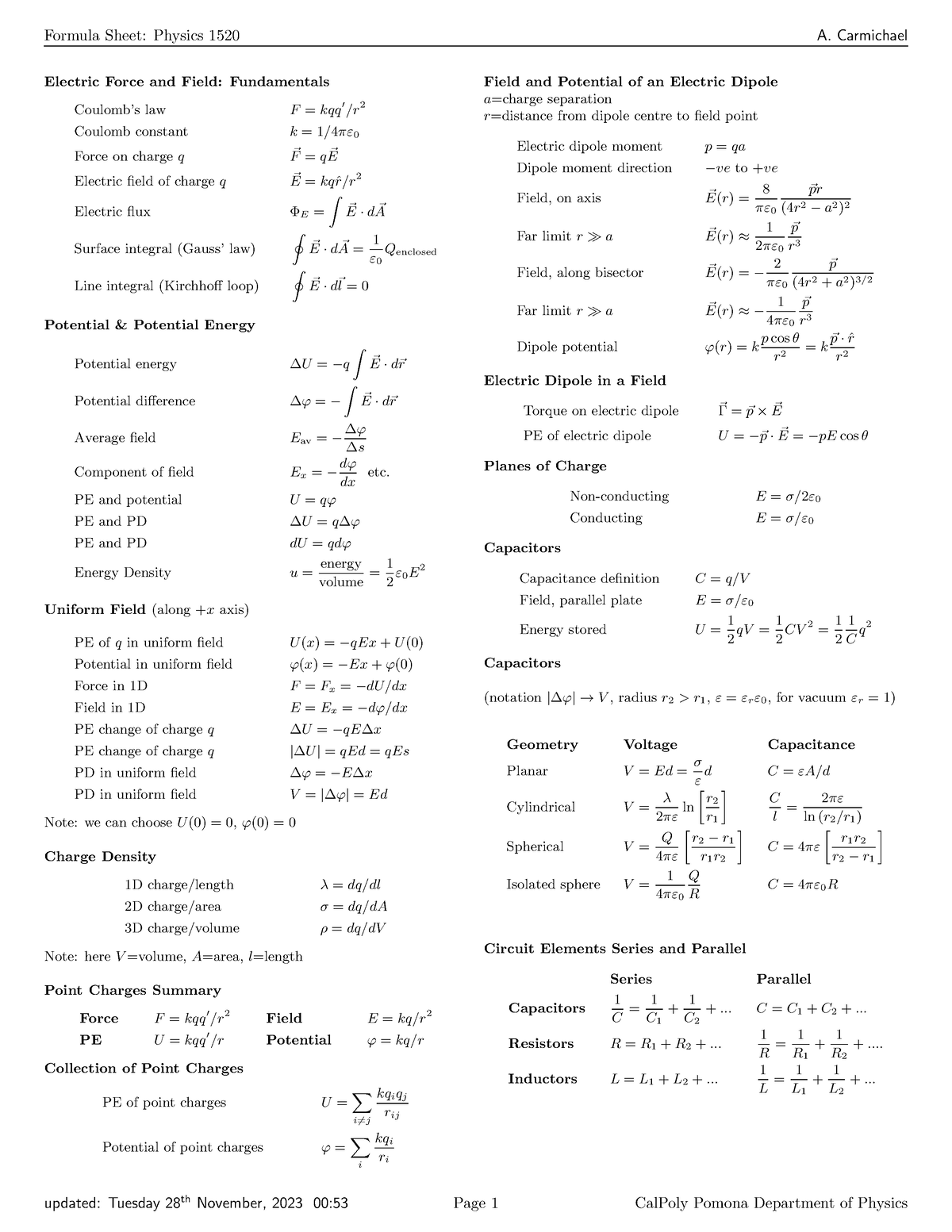 PHYS1520CPP Formula Sheet - Electric Force and Field: Fundamentals ...