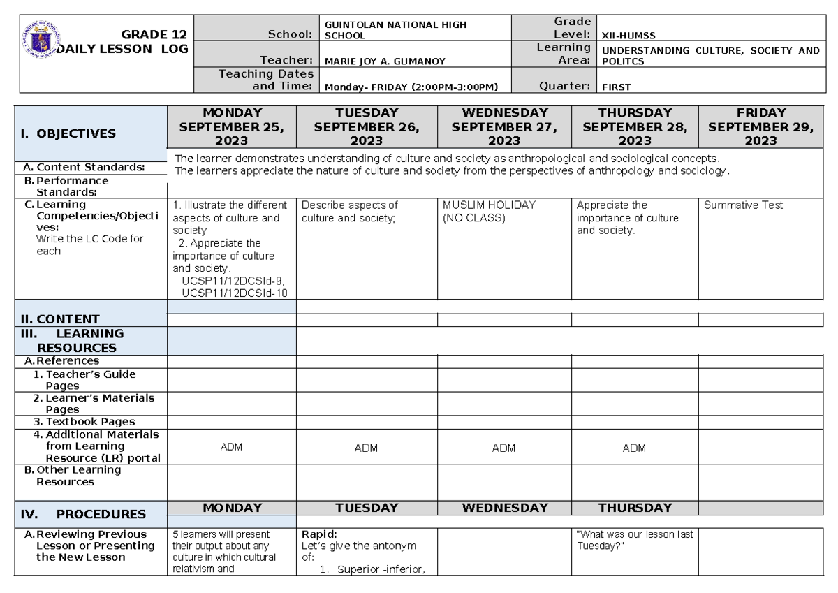 DLL 1ST Quarter UCSP WEEK 5 - GRADE 12 DAILY LESSON LOG School ...