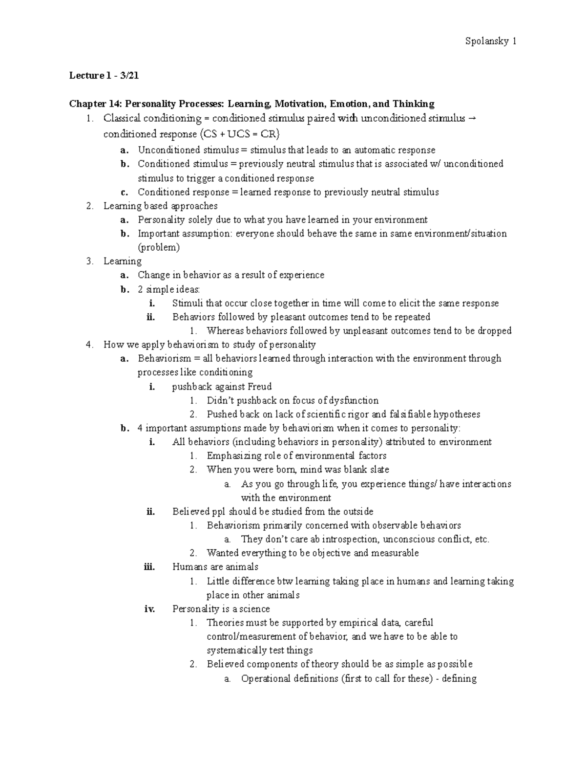 Exam 3 - personality lecture notes - Lecture 1 - 3/ Chapter 14 ...