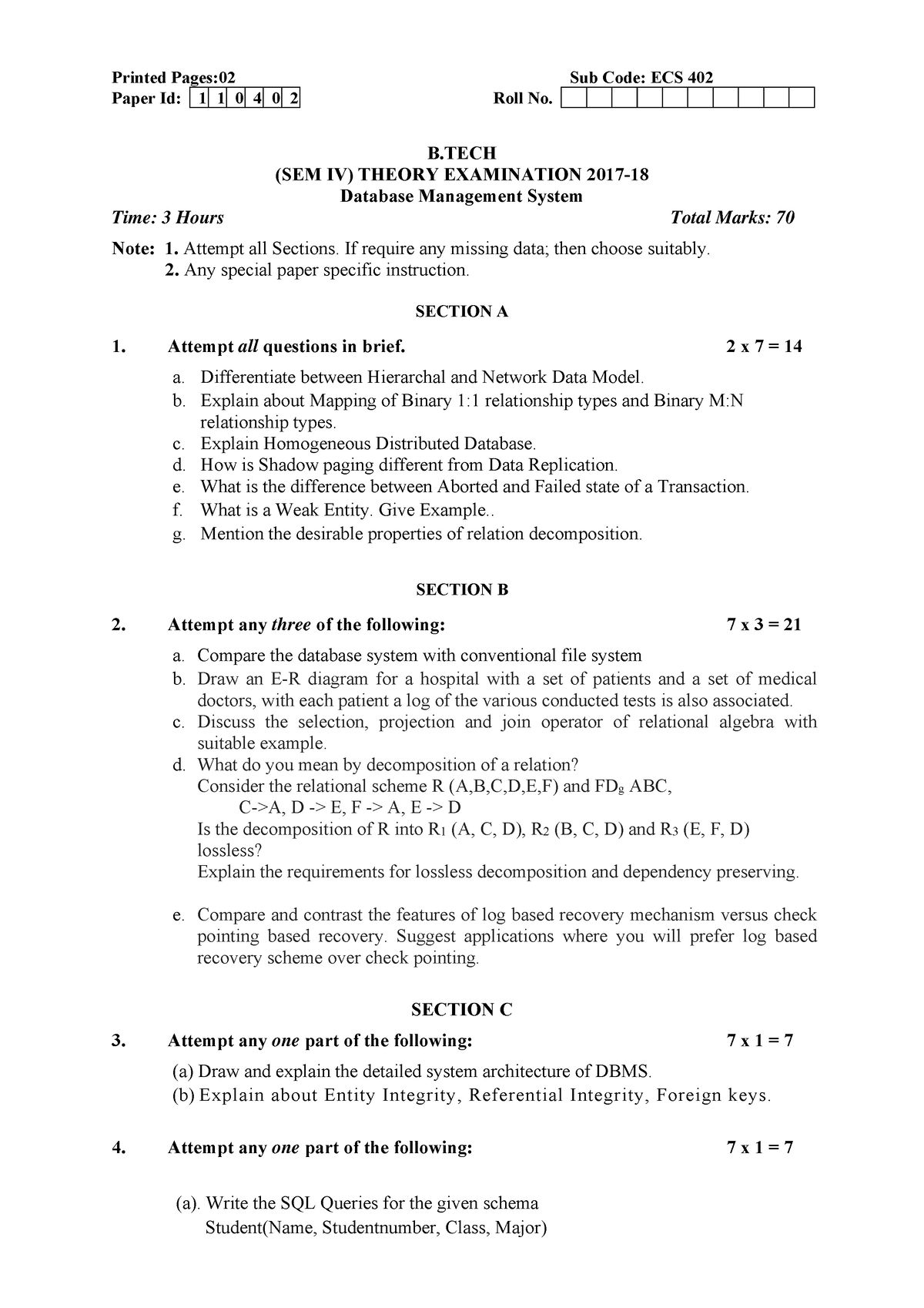 Btech Cs 4 Sem Database Management System Ecs402 2018 - Printed Pages ...