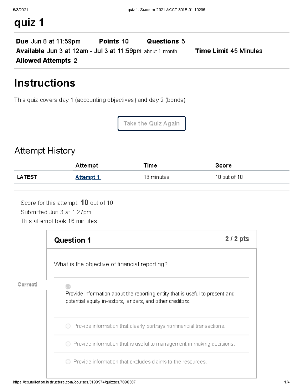 QUIZ 1 - QUIZ 1 - quiz 1 Due Jun 8 at 11:59pm Points 10 Questions 5 ...