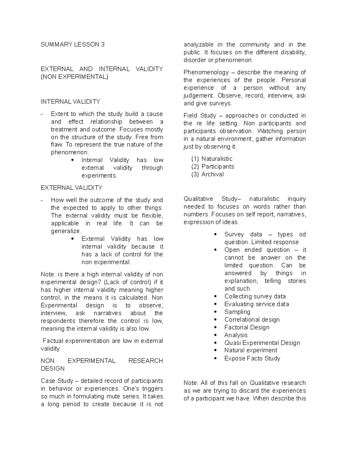 EXPE Psych Notes - Lecture not about external and internal validity ...