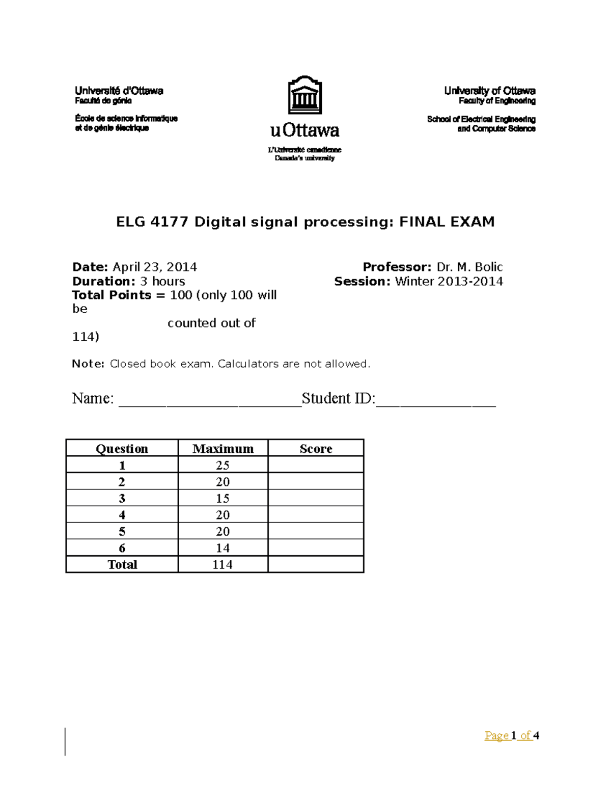 ELG 4177 Digital signal processing Final - M. Bolic Duration: 3 hours ...