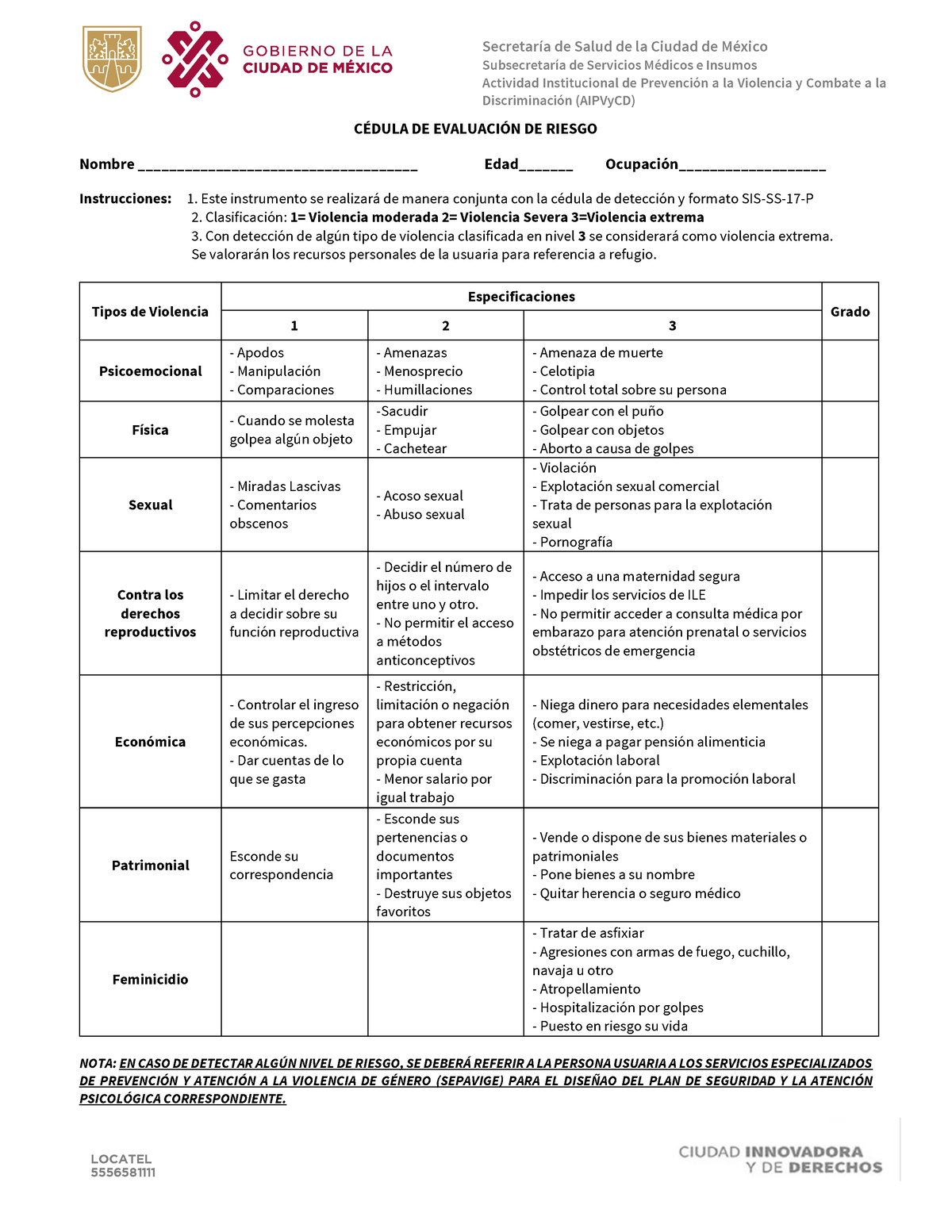 Cédula DE Detección DE Riesgo Violencia LOCATEL 5556581111 SecretarÌa