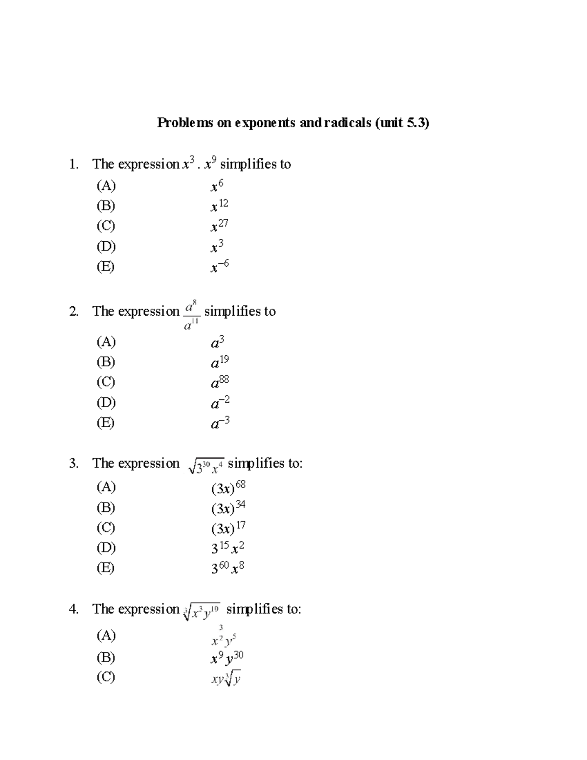 Exponents Questions AND Answers - Problems on exponents and radicals ...