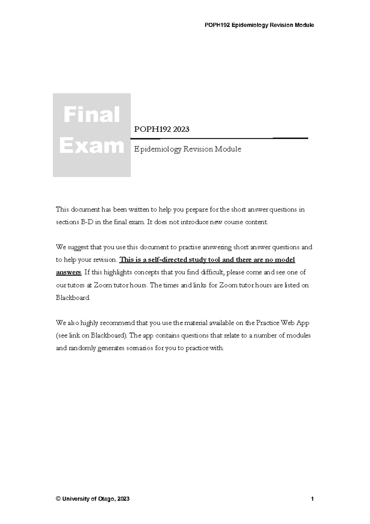 Epidemiology Revision Module POPH 192 2023 Epidemiology Revision