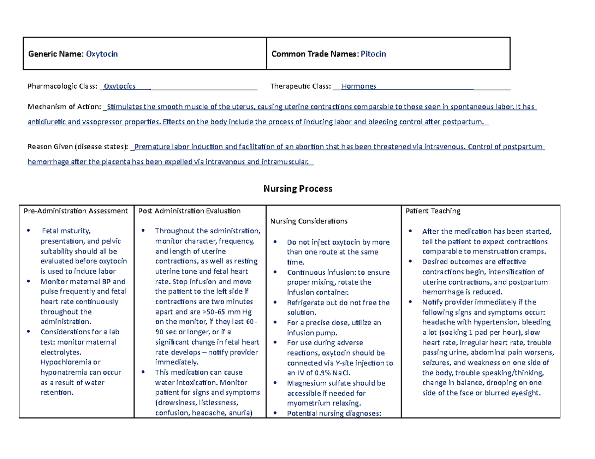 Medication Card 2 - Generic Name: Oxytocin Common Trade Names: Pitocin ...