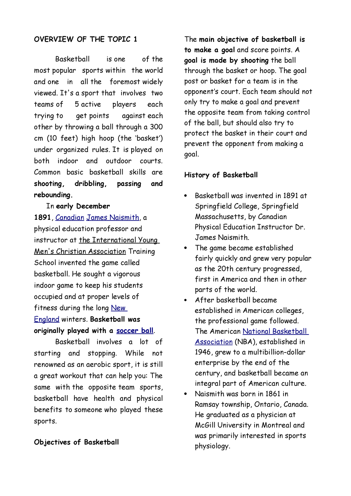 Pe Notes OVERVIEW OF THE TOPIC 1 Basketball Is One Of The Most 